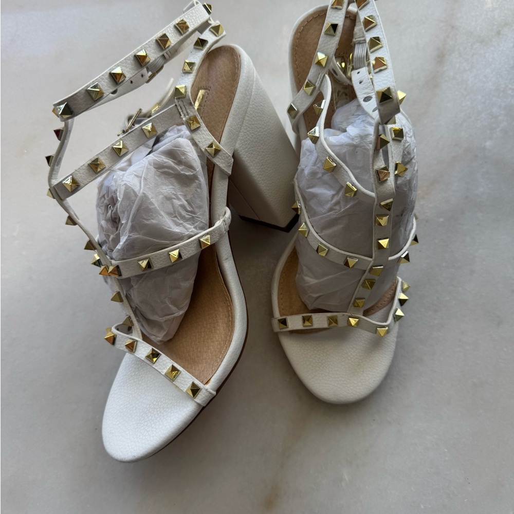 Studded White Block Heel Sandals